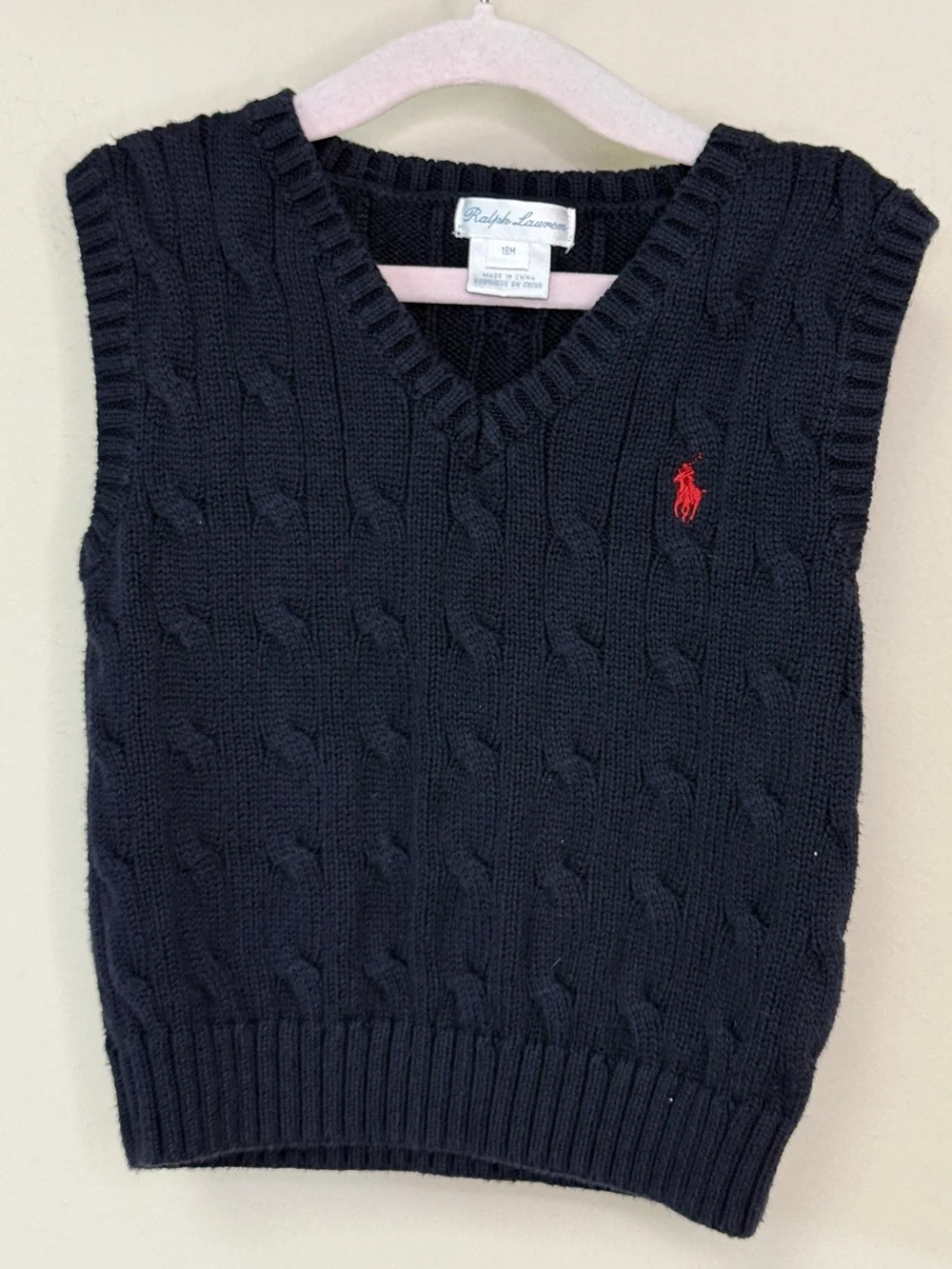 Ralph Lauren: Baby Boy Navy Cable Knit Sweater Vest, Size 18mo
